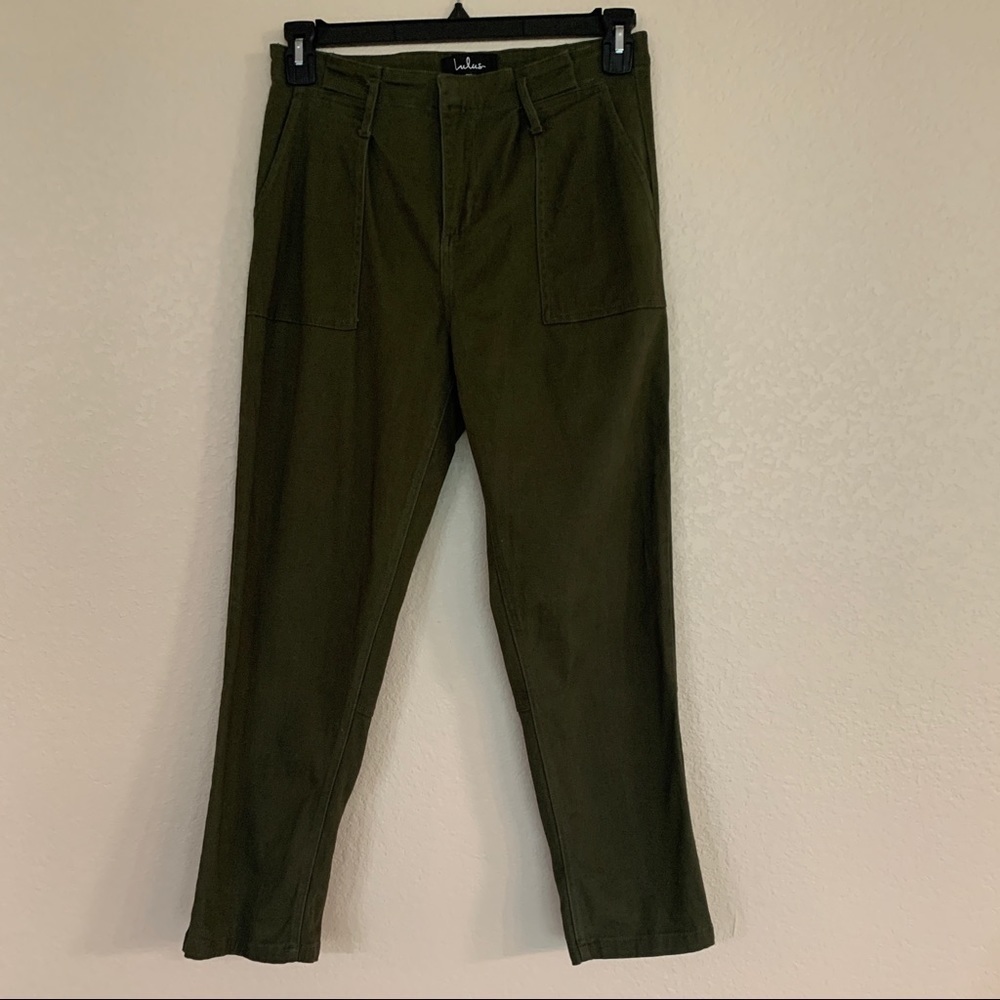 Lulu’s High Waist Paper Bag Crop Olive Green Pants